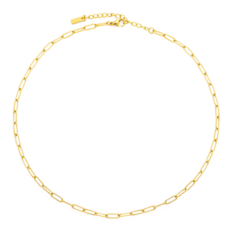 a gold necklace with a link on a white background