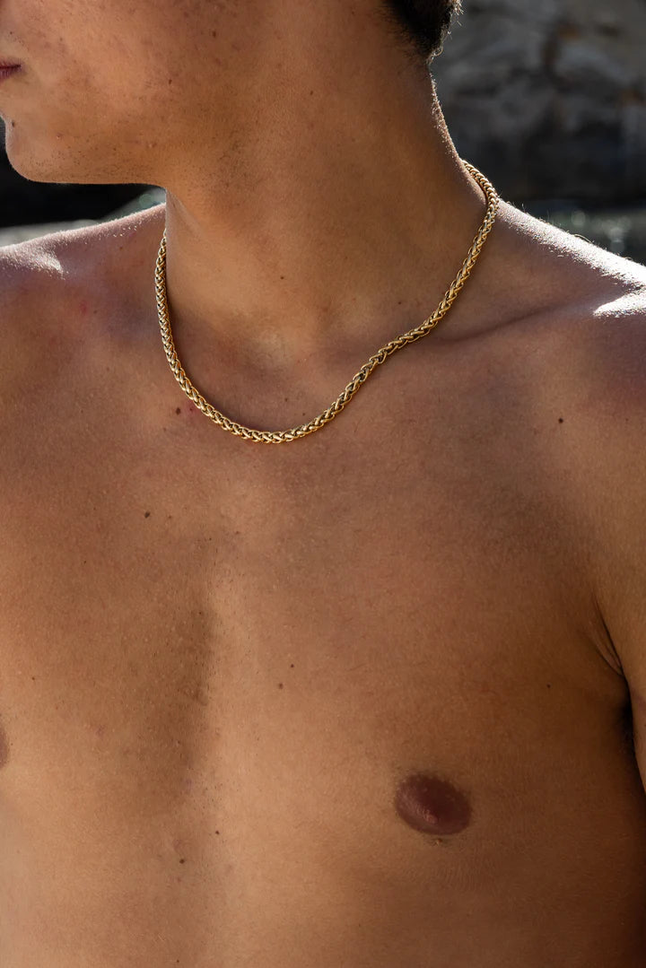 a shirtless man wearing a gold chain necklace