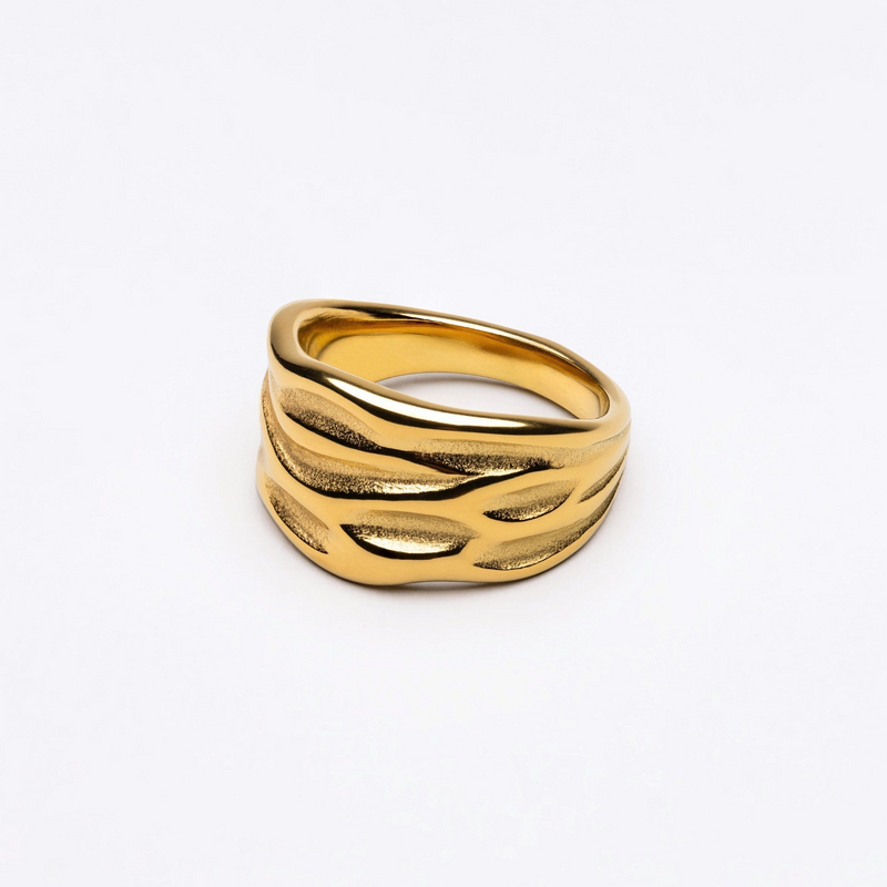 a close up of a gold ring on a white background