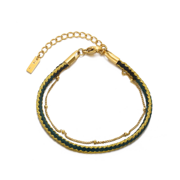 a green and gold bracelet with a gold clasp