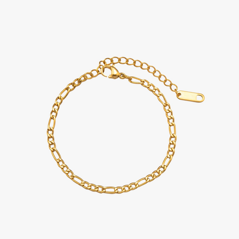 a gold chain bracelet on a white background