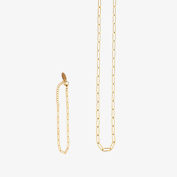 a pair of gold chain earrings on a white background