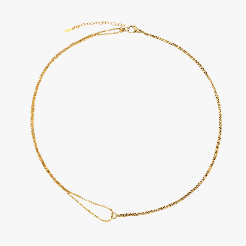 a gold chain necklace with a clasp on a white background