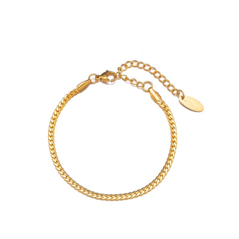 a gold chain bracelet with two oval charms