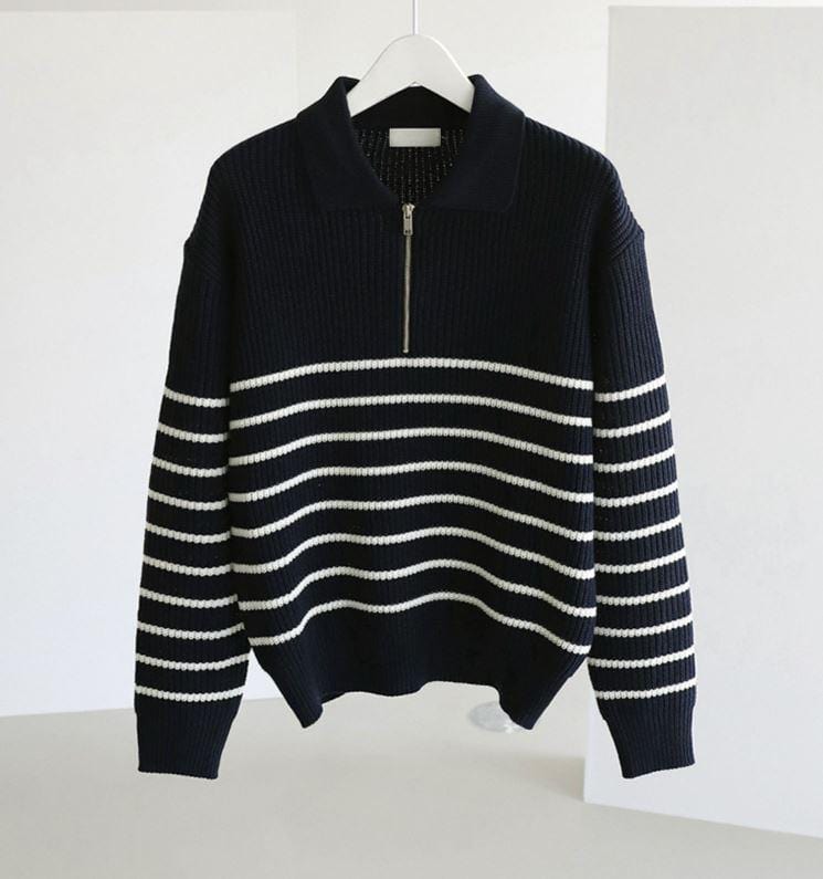 "KNITTED" BLACK STRIPED HALF-ZIP SWEATER