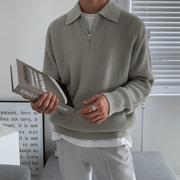 "KNITTED" HALF ZIP-UP COLLAR SWEATER