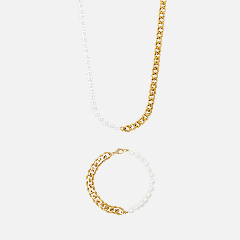Pearl Cuban Chain Set Gold Masi n Premium Jewelry