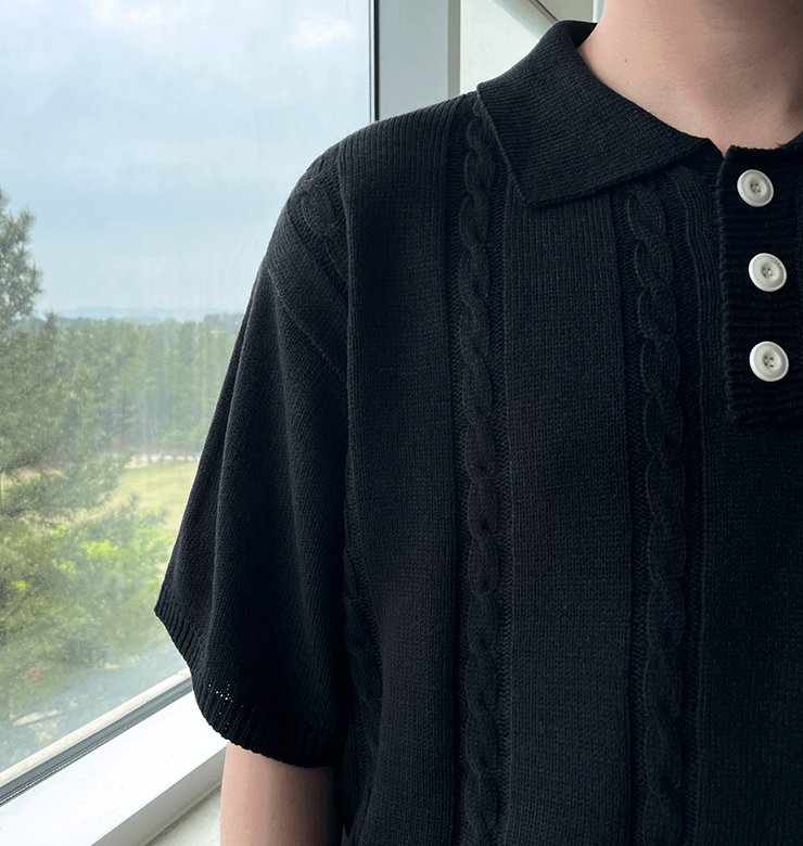 "KNITTED" TWIST COLLAR HALF BUTTON SHORT SLEEVE