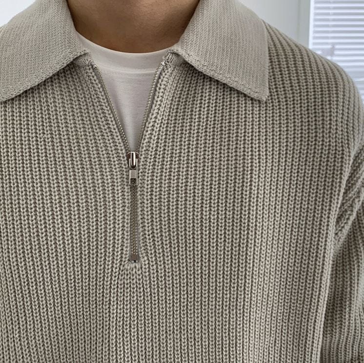 "KNITTED" HALF ZIP-UP COLLAR SWEATER