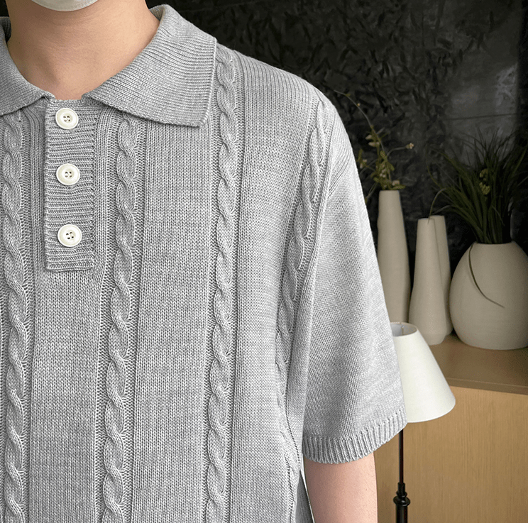 "KNITTED" TWIST COLLAR HALF BUTTON SHORT SLEEVE