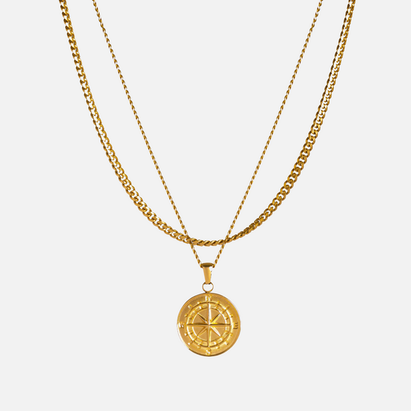 Curb Chain Compass Pendant Full Set - Gold