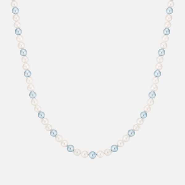 a white and blue necklace with pearls