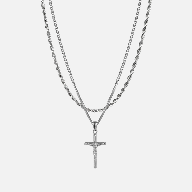 Rope Chain Crucifix Pendant Full Set - WHITE GOLD