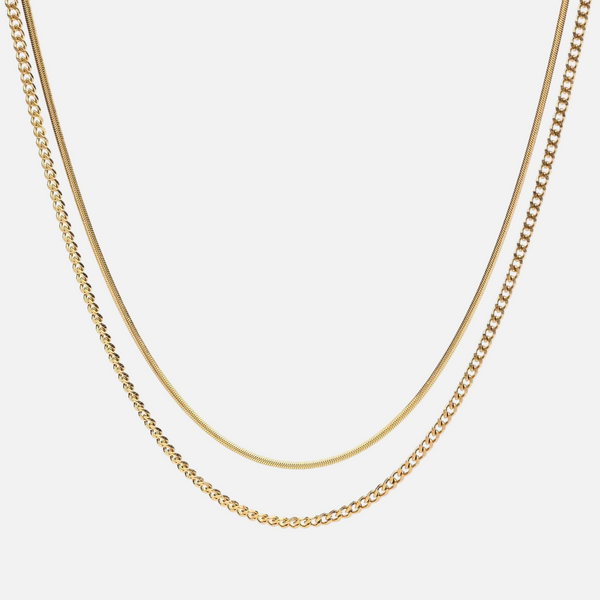 a gold chain necklace on a white background