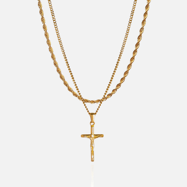 Rope Chain Crucifix Pendant Full Set - Gold