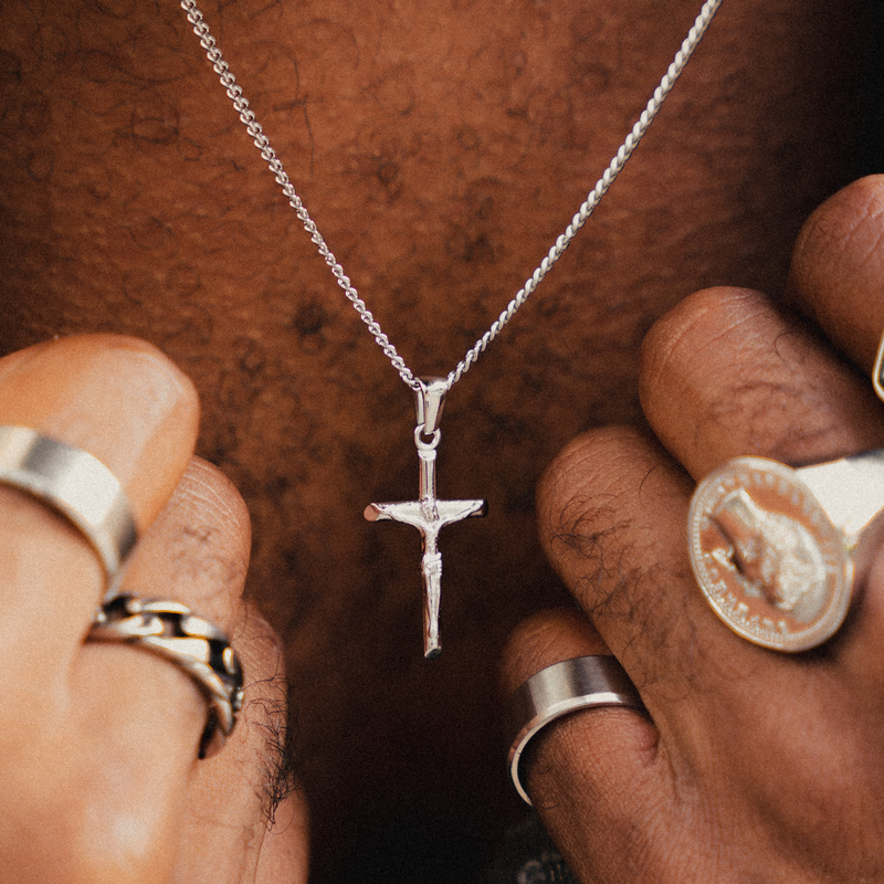 Rope Chain Crucifix Pendant Full Set - WHITE GOLD