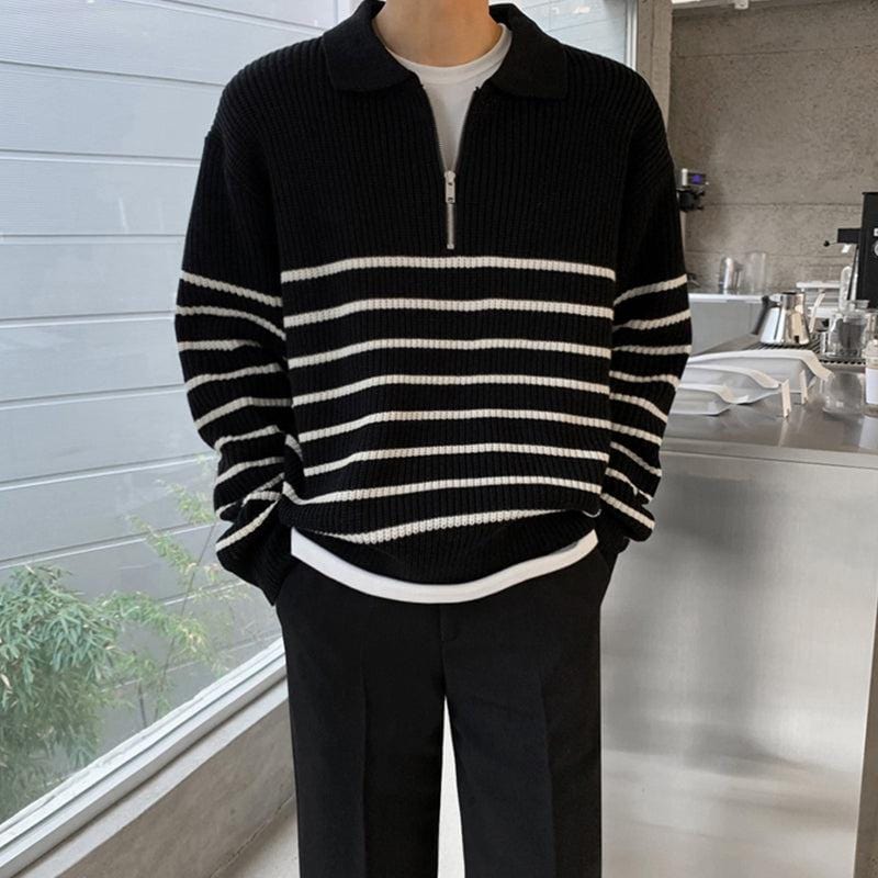 "KNITTED" BLACK STRIPED HALF-ZIP SWEATER