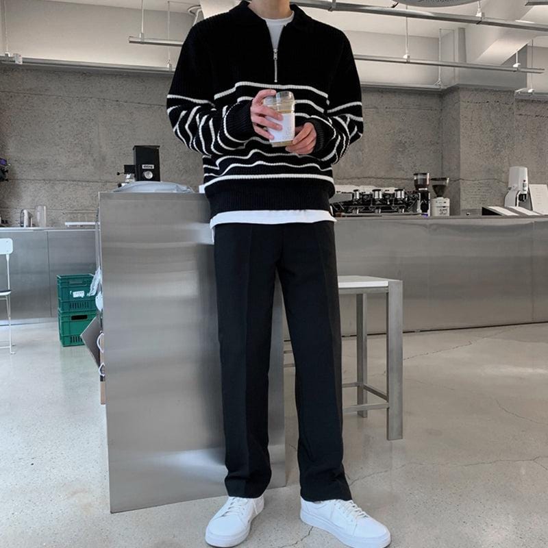 "KNITTED" BLACK STRIPED HALF-ZIP SWEATER