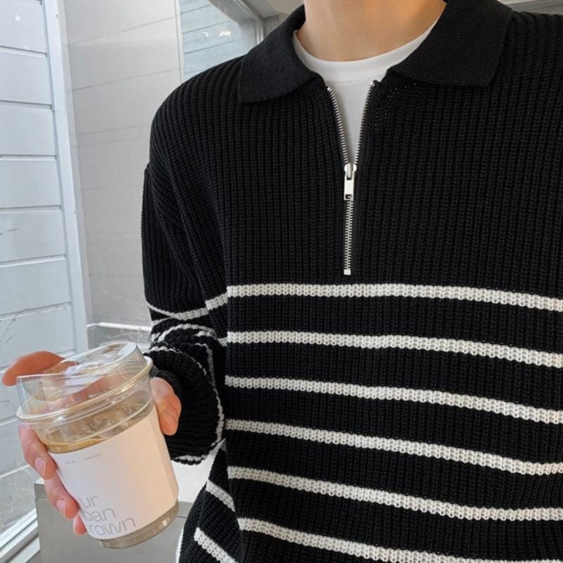 "KNITTED" BLACK STRIPED HALF-ZIP SWEATER