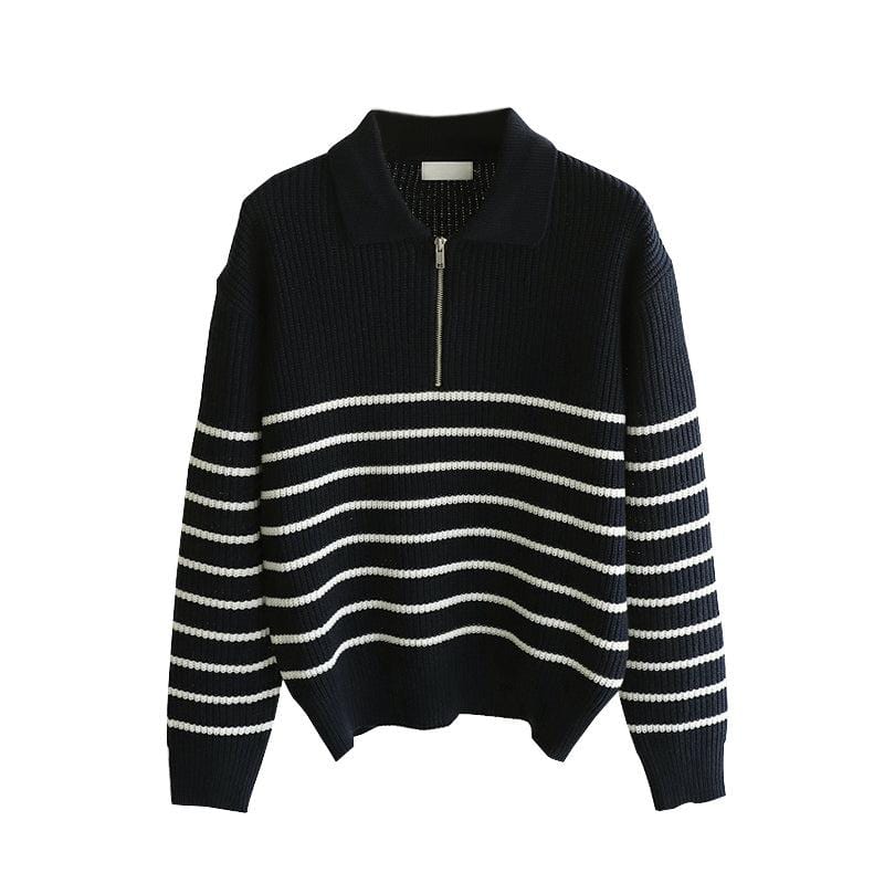 "KNITTED" BLACK STRIPED HALF-ZIP SWEATER