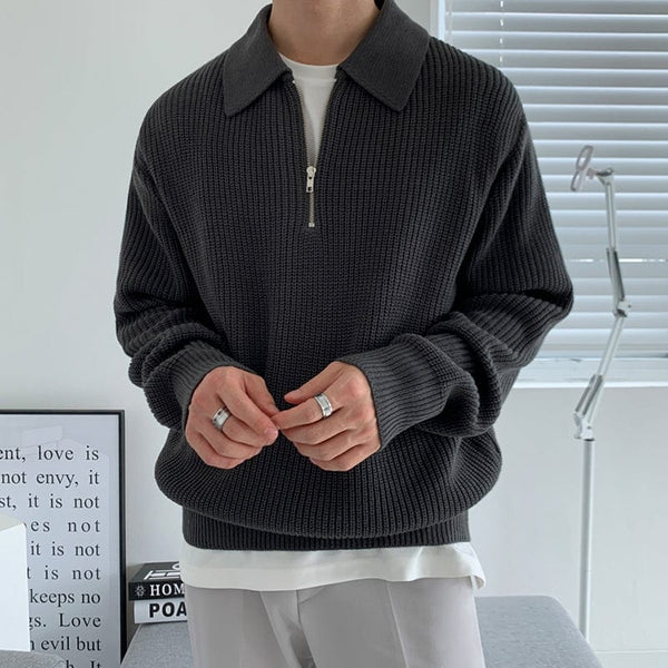 "KNITTED" HALF ZIP-UP COLLAR SWEATER