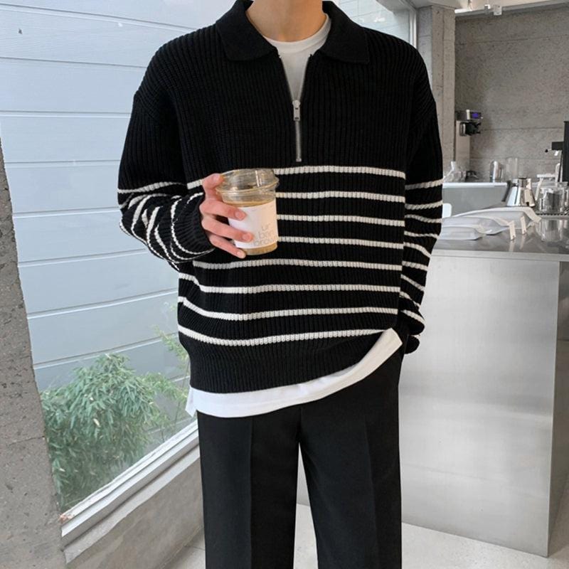 "KNITTED" BLACK STRIPED HALF-ZIP SWEATER