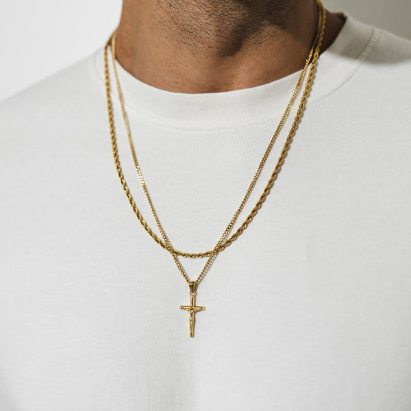 Rope Chain Crucifix Pendant Full Set - Gold