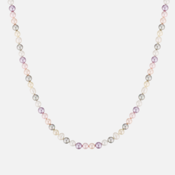 a multicolored pearl necklace on a white background