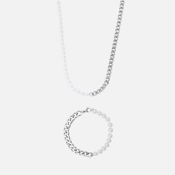 Pearl Cuban Chain Set - WHITE GOLD