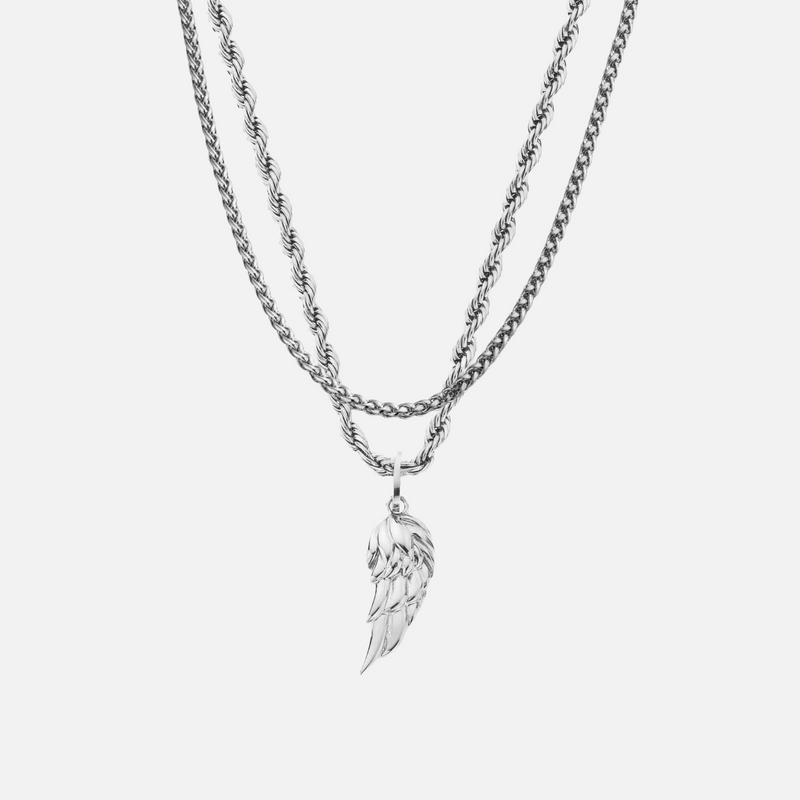 a necklace with a chain and a pendant with an angel wing on it