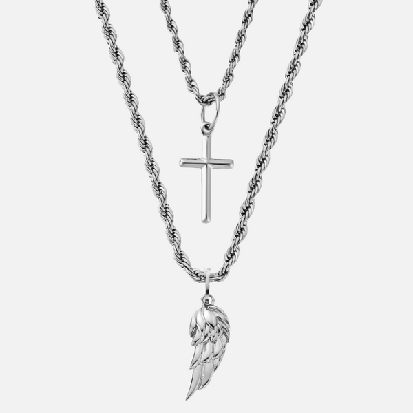 two necklaces with a cross and an angel wing